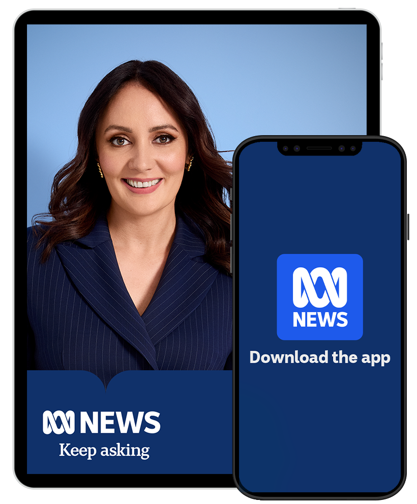 A tablet and phone screen display the face of ABC presenters Bridget Brennan with the ABC NEWS logo.