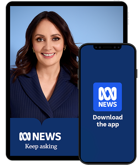 A tablet and phone screen display the face of ABC presenters Bridget Brennan with the ABC NEWS logo.